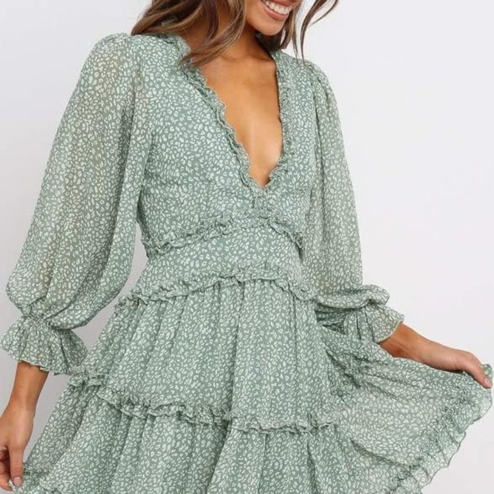 Spring Summer Deep V Neck Ruffle Floral Flowy Mini